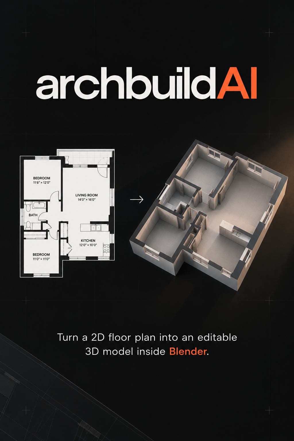 archbuildAI: a 2D apartment floor plan transformed into an editable 3D model in Blender